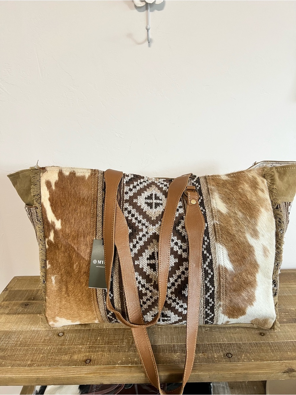 Myra Bag Western Cowhide Weekender Leather Duffle Travel Carry On Boho Cowgirl - Picture 7 of 11